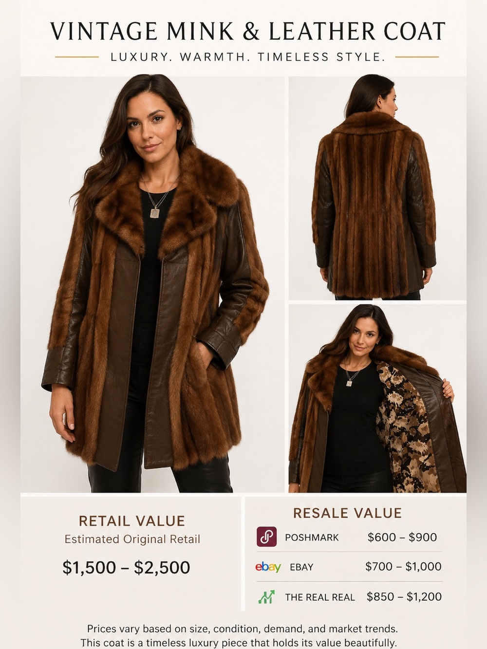 Vintage 70’s Brown Mink Fur Trim Leather Coat - Women's Jacket / Large